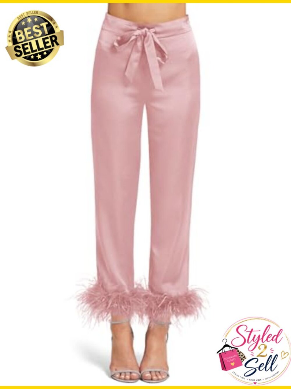 Silk Satin Pajama Set Feather Trim Long Sleeve Lounge Bridal Gift - Picture 3 of 6